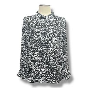 Vince Camuto Animal Print Long Sleeve Blouse Black White XL